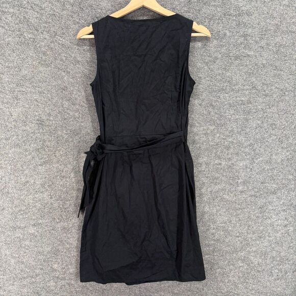 Loft Wrap Dress Women 2 Black Short V-Neck Tasseled Tie Up Sleeveless Cotton - Picture 2 of 7